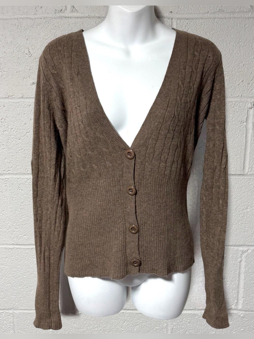 BCBG Max Azria Brown Cable Knit Ribbed Women’s Cardigan Sweater L Wool Angora